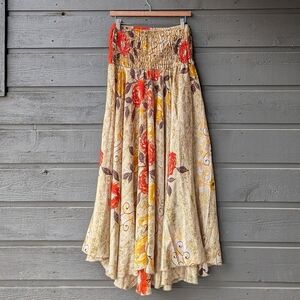 Boho Indian Drop Waist Super Wide Leg Pant Skirt Yellow Orange Tan Brown Floral